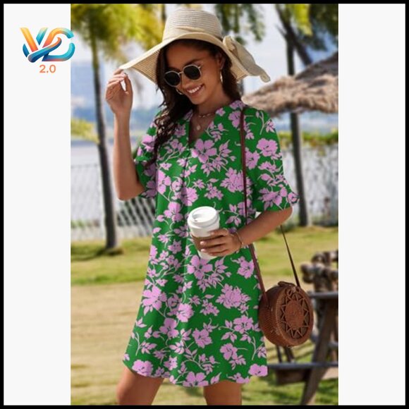 V-Neck Ruffle Sleeve Shift Dress, Polyester Casual Summer Mini - Picture 4 of 7